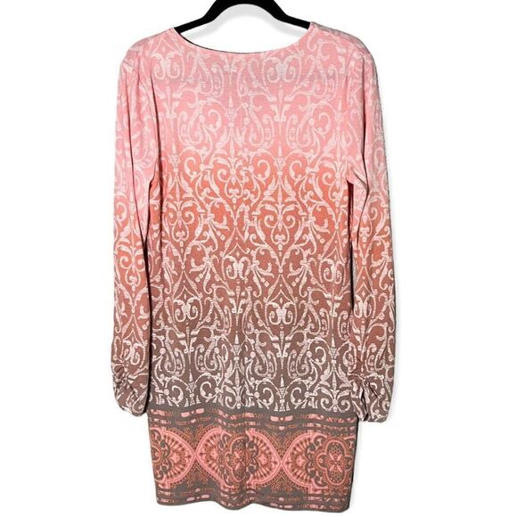 Dakini Taupe and Peach Ikat Print Long Sleeved Dress Size Large - Picture 2 of 6